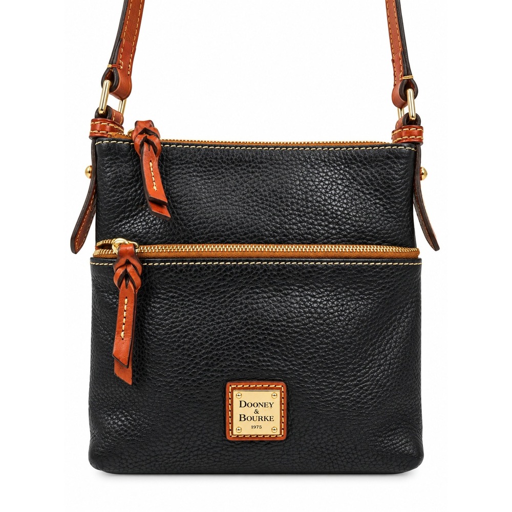 Dooney & Bourke Black Pebbled Leather Crossbody Bag Tan Trim Gold Hardware